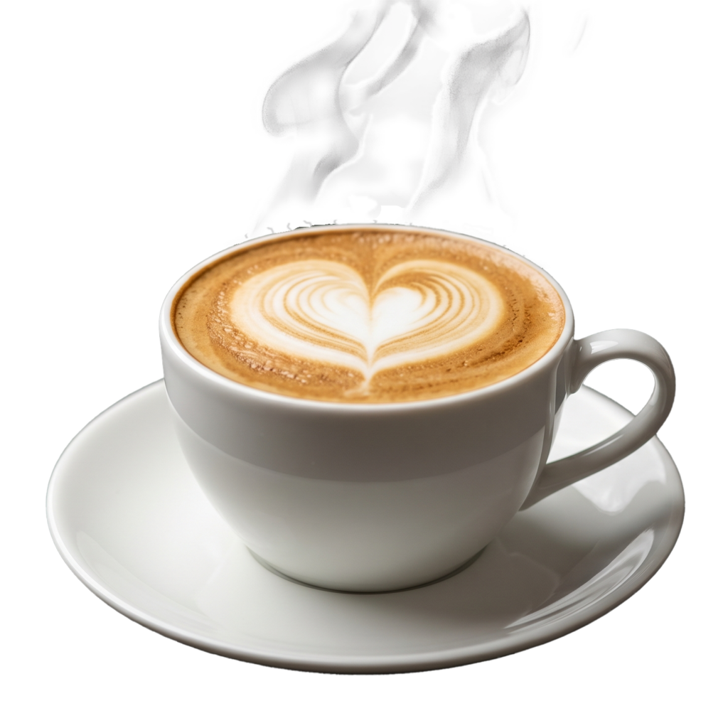 Ein weißer Cappuccino in einer Tasse zeigt ein Herz aus Milchschaum, während feiner Dampf über der Oberfläche aufsteigt.