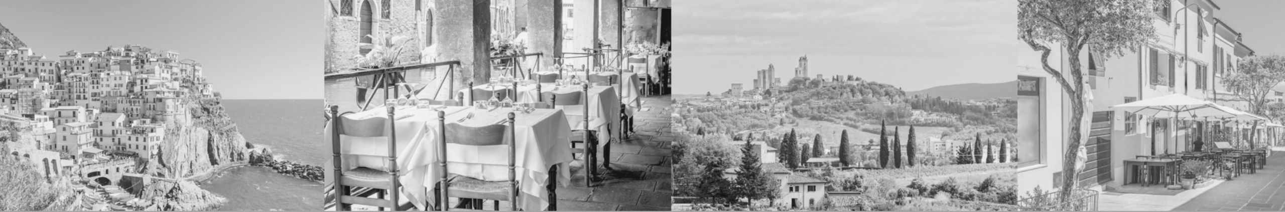 Eine schwarz-weiße Collage zeigt italienische Küstenorte, ein gedecktes Restaurant mit Tischen und Stühlen sowie eine sonnige Terrasse im Freien.