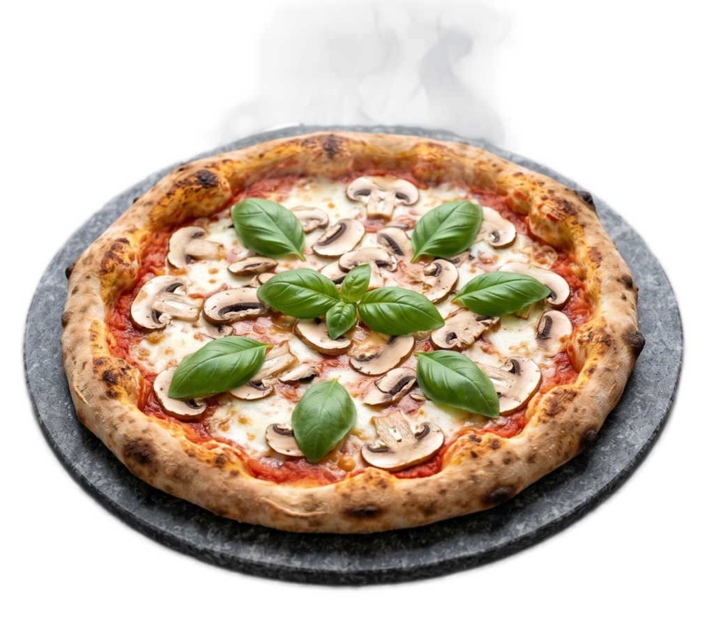 Frisch gebackene Steinofenpizza mit Champignons und Basilikum auf dunklem Teller, leichter Dampf steigt auf und betont die heiße, aromatische Oberfläche.