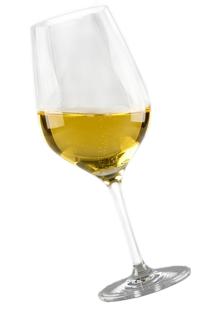Ein schlankes Weinglas mit goldgelbem Weißwein steht schräg vor grauem Hintergrund und zeigt feine Bläschen sowie klare, helle Lichtreflexe.
